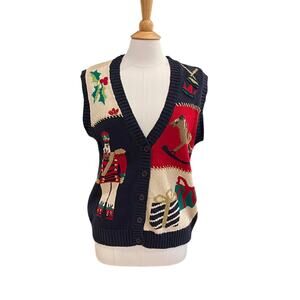 Lauren Gayle Navy, Red, Christmas Patchwork Sweater Vest, Nutcracker, Holly, M